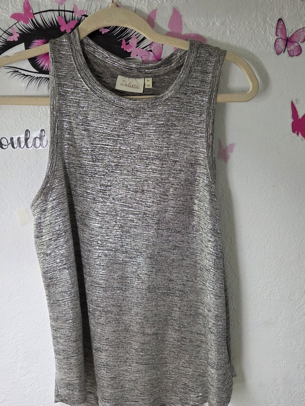 Anthropologie Deletta Metallic Silver Shimmer Ribbed Knit Tank Top Size XS